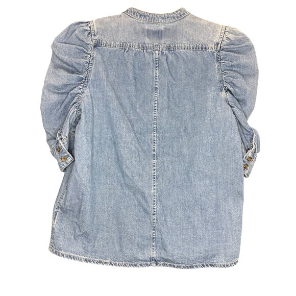 Industry Blue Denim Button Shirt with Puff Ruffle Ruche Sleeve Women sz L - Picture 3 of 9